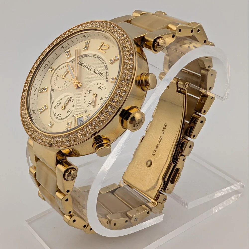 Michael Kors Parker MK5632 Gold Tone Crystal Bezel Horn Acetate Chrono Watch